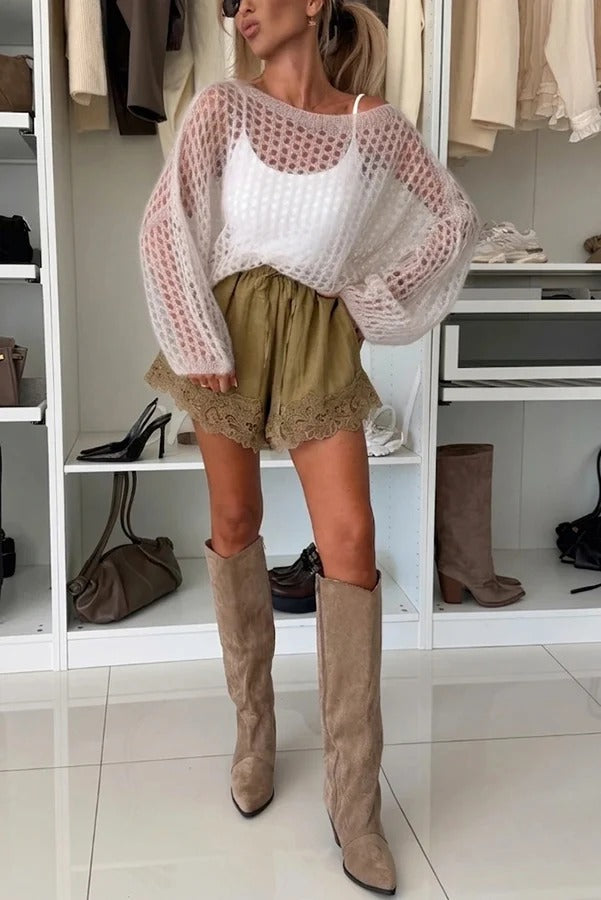 Lightweight and Soft Knit Cutout Wide Neck Balloon Sleeve Relaxed Sweater