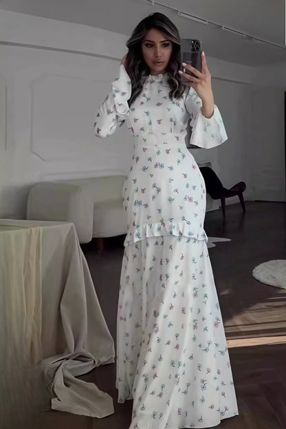 Ruffle Trim Slim Maxi Floral Dress