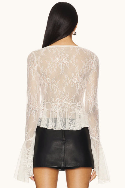 Ruffle Lace Sheer Bell Sleeve Boho Skirt Set