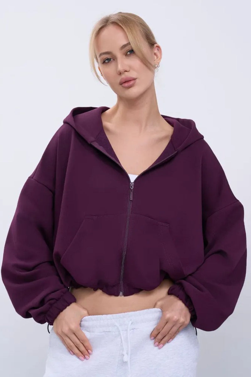 Cropped Fleece Zip Adjustable Waist Hoodie