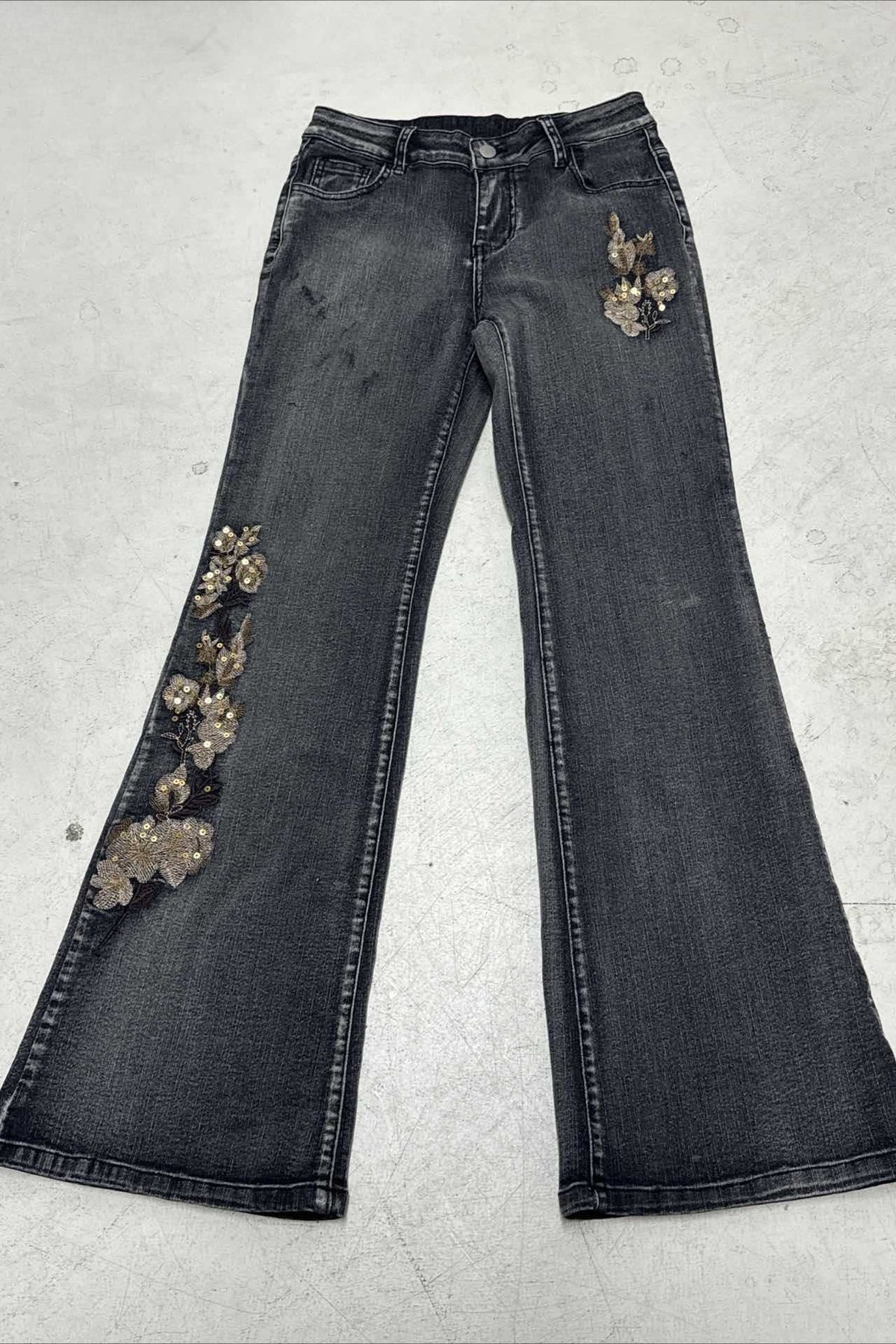 Sequin Embroidered Low Rise Wide Flare Leg Jeans