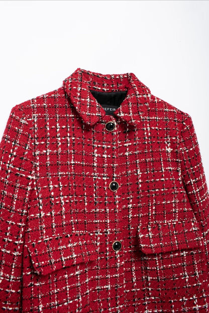Padded Shoulder Tweed Two Piece Blazer Skirt Set