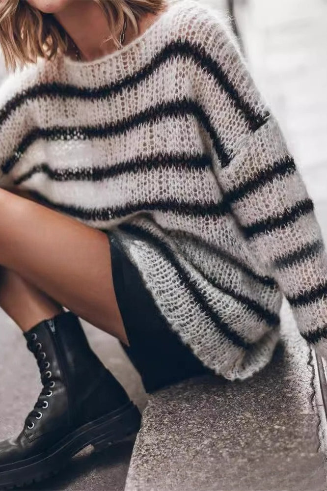 Loose Fit Striped Crew Neck Sweater