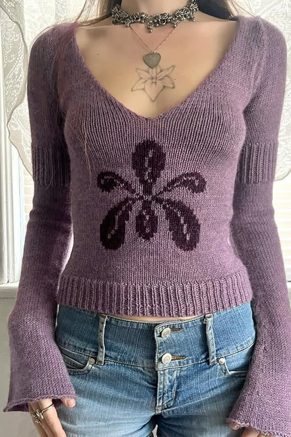 V Neck Floral Jacquard Sweater