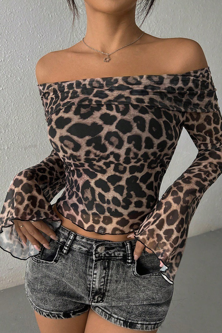 Leopard Print Off Shoulder Long Sleeve Tee