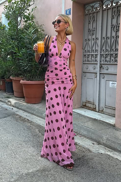Polka Dot Deep V-Neck Sleeveless Ruched Waist Fit and Flare Maxi Dress