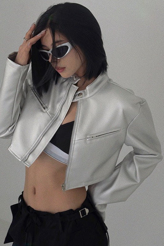 Tech Wear Cropped Leather Jacket