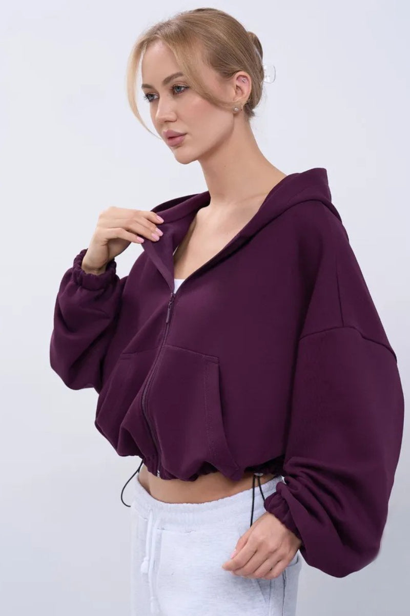 Cropped Fleece Zip Adjustable Waist Hoodie