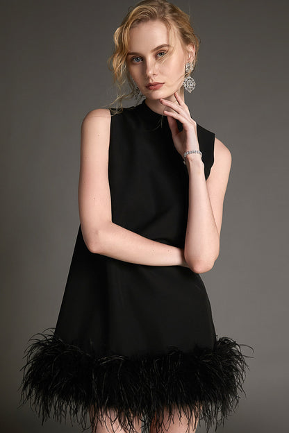 Mock Neck Sleeveless Feather Trim Shift Mini Dress