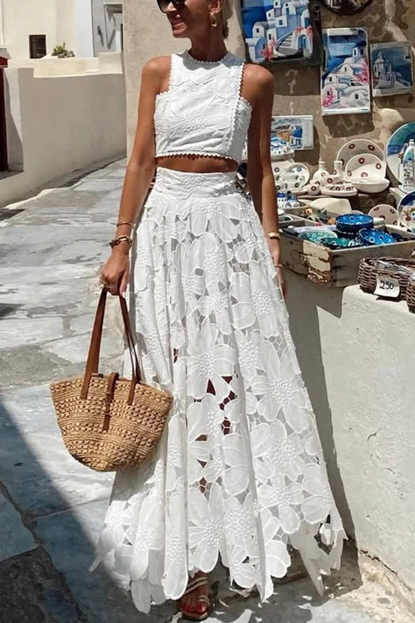 Next Trip Floral Embroidery Crochet Lace Elastic Waist Pocket Maxi Skirt