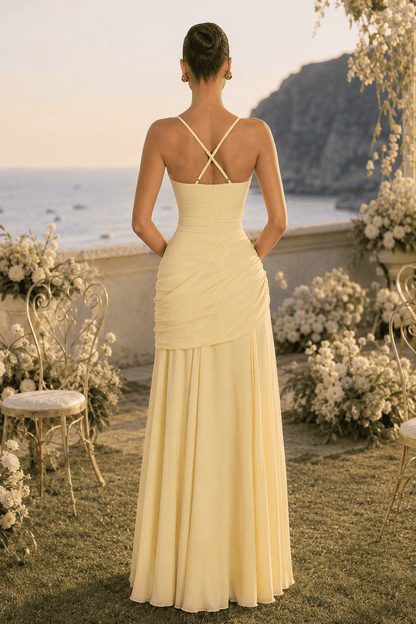 Solid Plunge Ruched Waist Backless Slip Dress