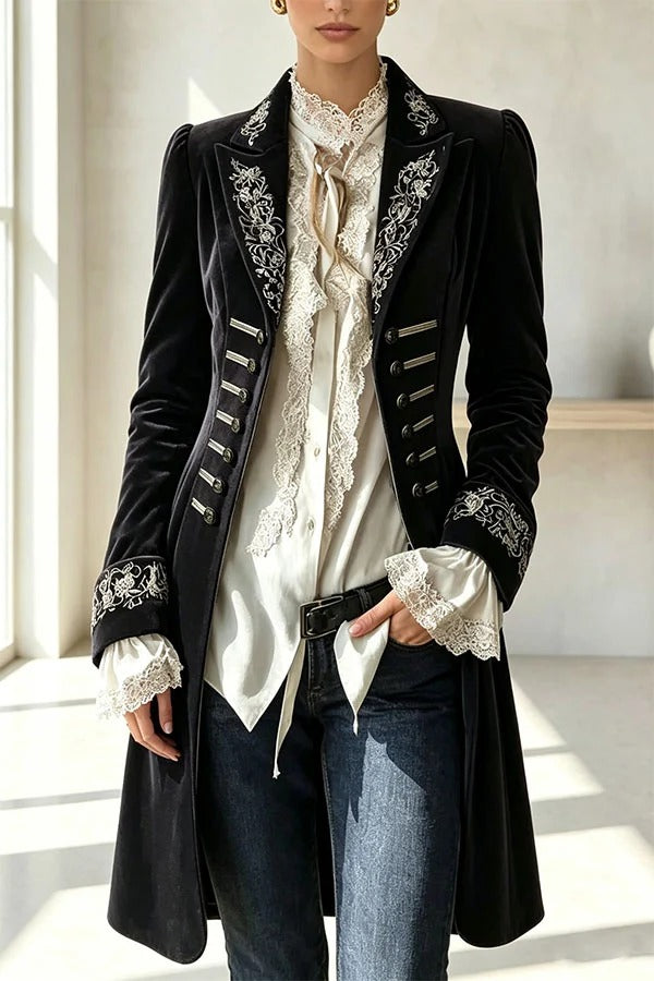 Royal Style Velvet Embroidery Long Sleeve Napoleon Button-down Lapel Coat