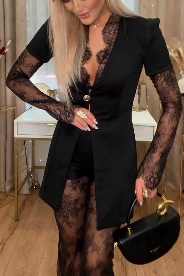 Margot Lace Patchwork Single-button Long Blazer and Lace Elastic Waist Flared Pants Set