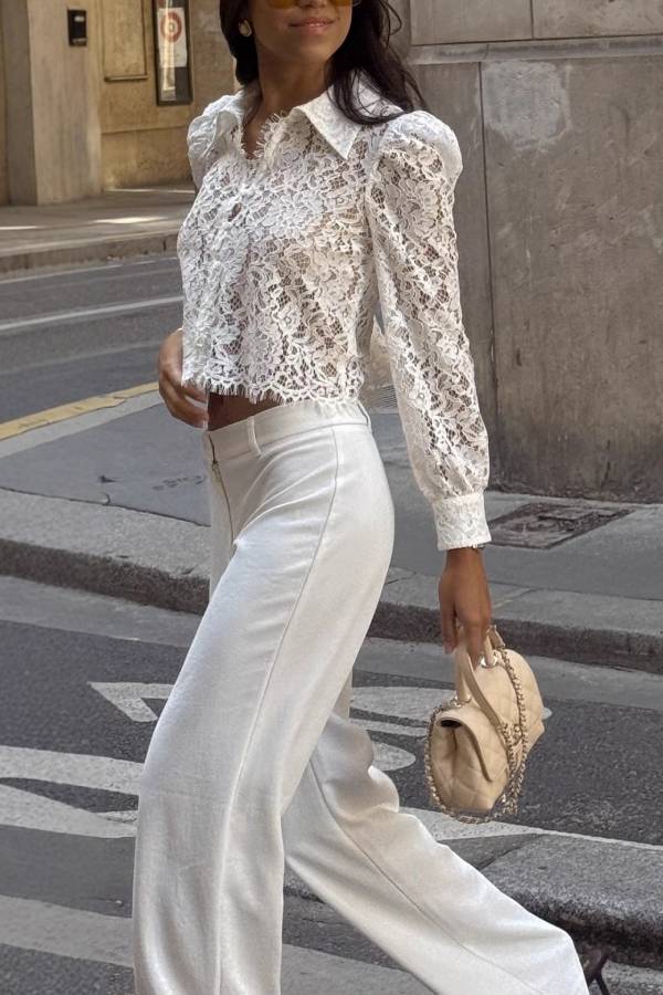 French-style lace openwork collared puff sleeve short shirt