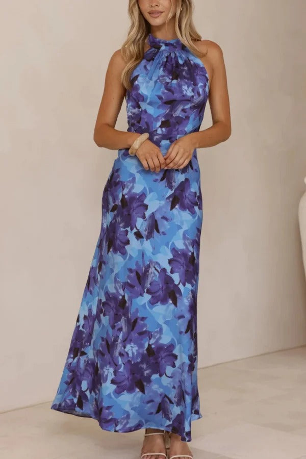Floral Print Sleeveless Halter Neck Tie Holiday Maxi Dress