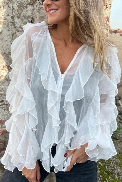 Solid Color Chiffon Ruffled V-neck Patchwork Top