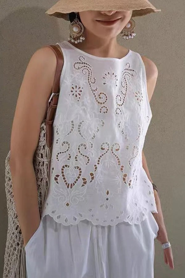 Linen Blend Solid Color Hollow Loose Vest and Elastic Waist Casual Pocket Wide Leg Pants Set