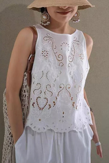 Linen Blend Solid Color Hollow Loose Vest and Elastic Waist Casual Pocket Wide Leg Pants Set