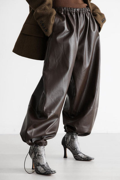 Drawstring Cuff PU Leather Relaxed Pants