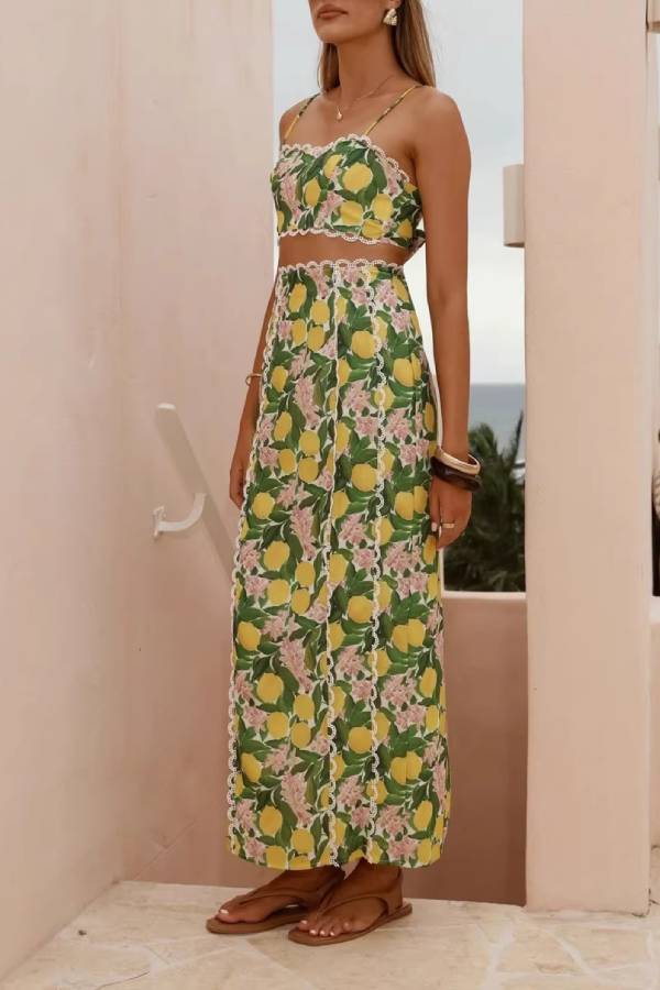 Lemon Print Lace-Trim Strap Backless Two-Piece Maxi Dress