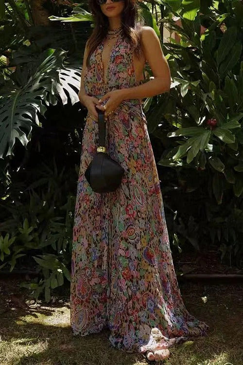 Halter V Neck Open Back Floral Print Maxi Dress