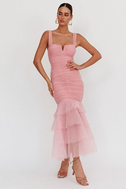 Mesh Insert Spaghetti Strap Ruched Prom Dress