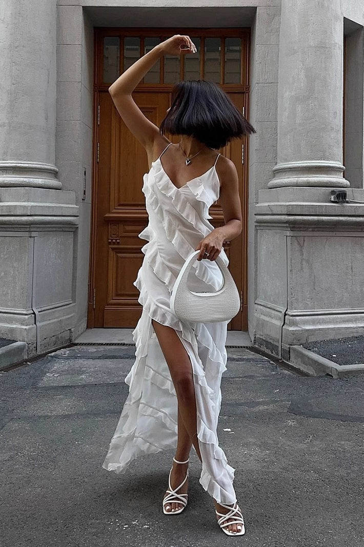 Spliced Ruffled Sling Split Slim Maxi Boho Dress