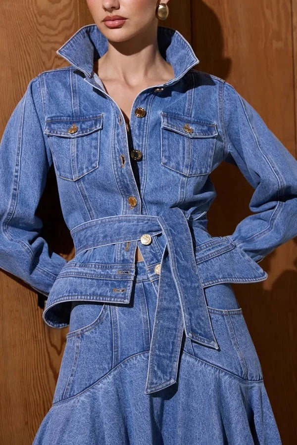 Isabella Denim Structured Cut Metal Buttons Stand High Neck Belted Long Sleeve Jacket