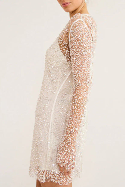 Sequin Mesh Overlay Slip Strap Bell Sleeve Mini Dress