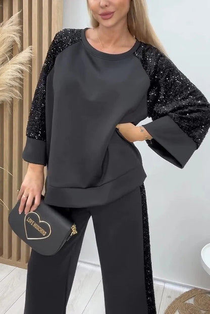 Stylish Sequined Loose-fitting Crew Neck Top and Casual Pocket Wide-leg Pants Set