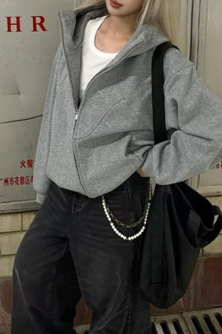 Slouchy Vintage Double Zip Hooded Stand Collar Loose Hoodie