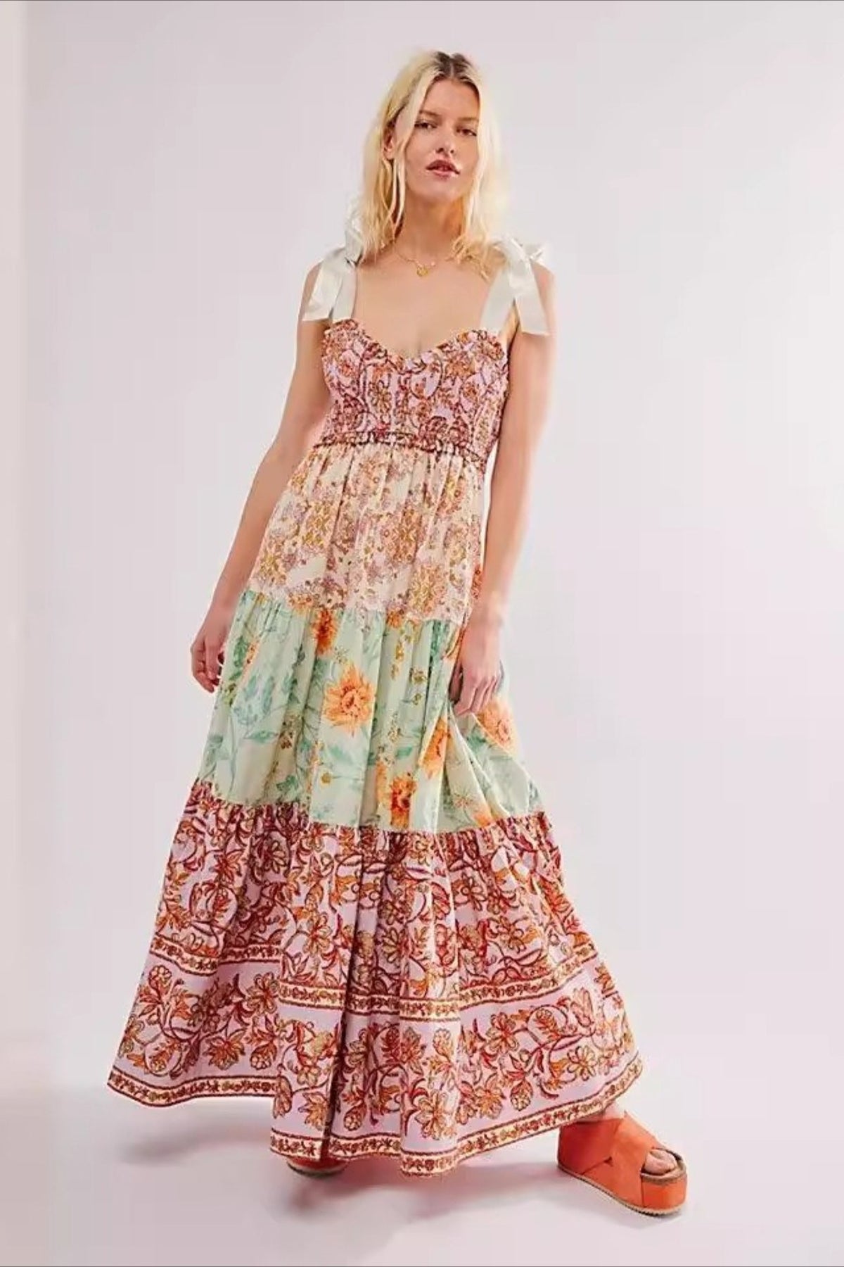 Gingham Patchwork Floral Print Boho Dress