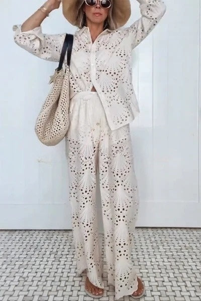 Lillah Embroidered Lace Shell Pattern Elastic Waist Pocket Wide Leg Pants