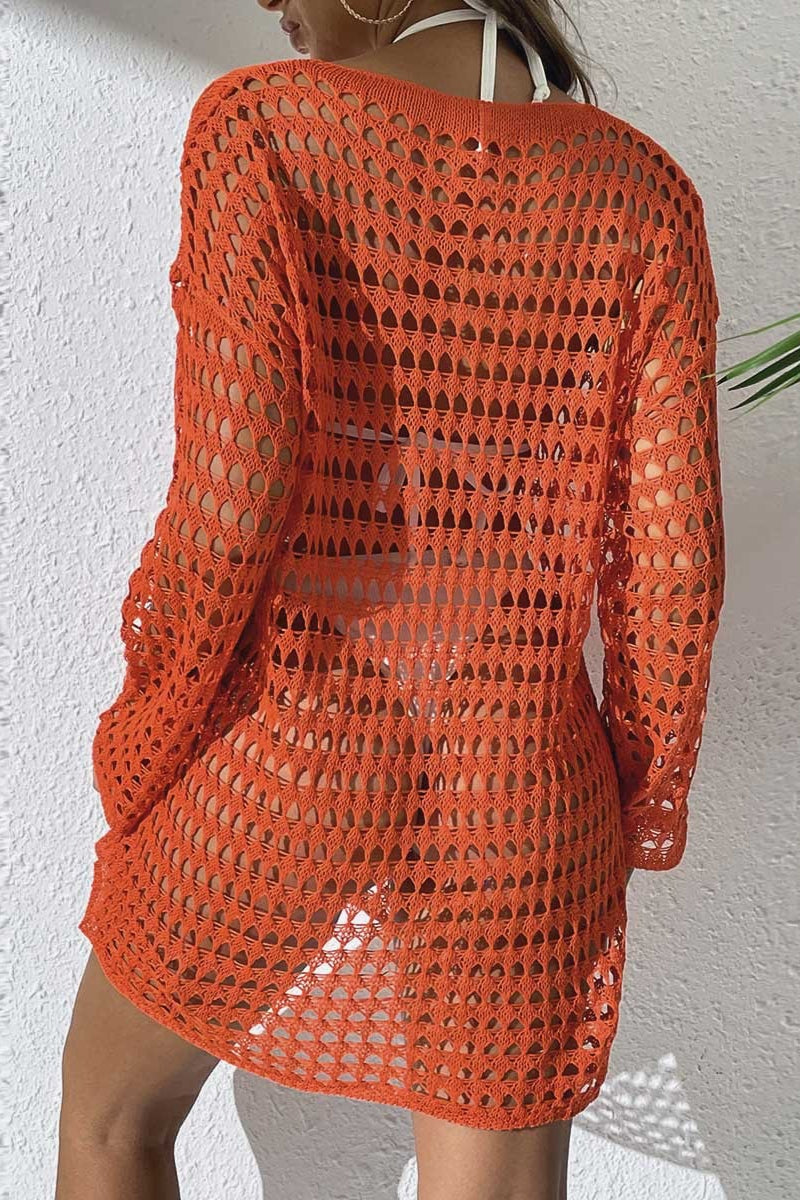Hollow Out Knit Long Sleeve Cover Up