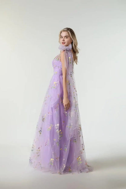 Metallic Gold Purple One Shoulder Maxi Prom Dress