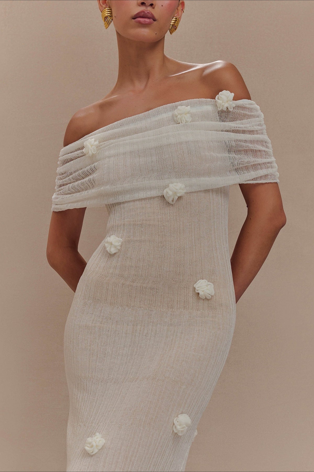 Solid Knit Floral Bandeau Bodycon Dress