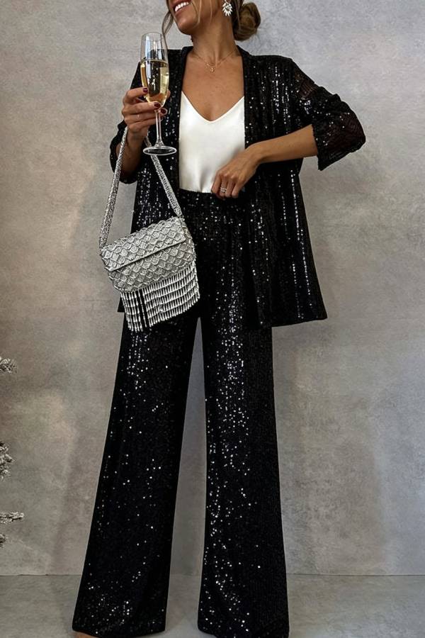 Party Scene Sequin Open Front Long Sleeve Drape Coat