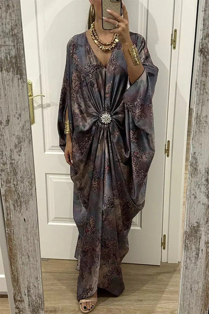 Airy Satin Unique Print V-neck Gemstone Embellished Drape Robe Maxi Dress