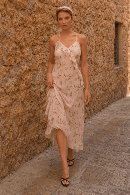 Strap Backless Ruffle Floral Dress