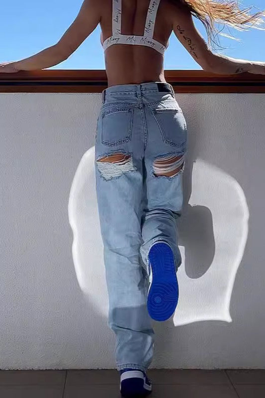 High Waist Ripped Slim Denim Straight Jeans