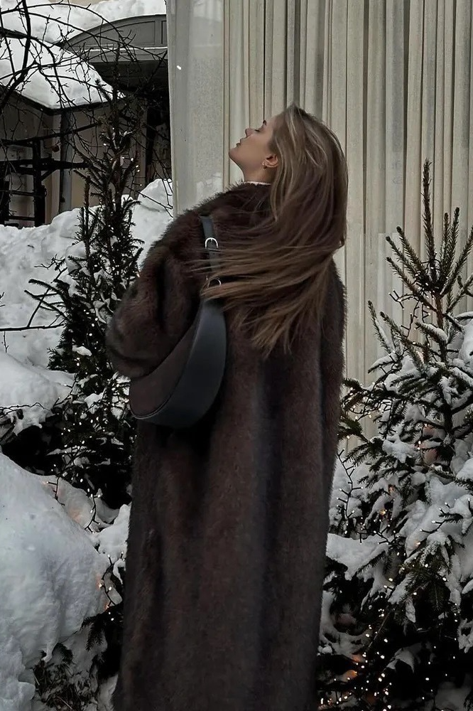 Retro Faux Fox Fur Notched Lapel Long Overcoat