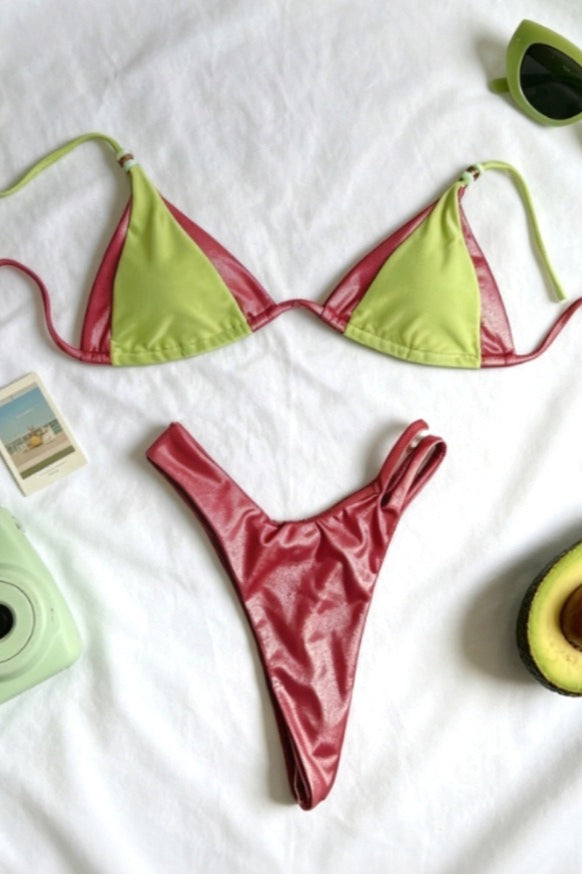 Green Brown Color Block Beaded Halter Bikini Set