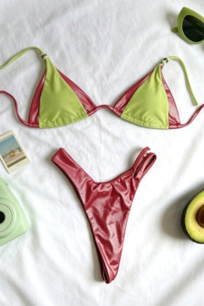 Green Brown Color Block Beaded Halter Bikini Set