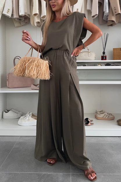 Santie Round Neck Cape Sleeve Loose Top and Elastic Waist Pocket Wide Leg Pants Set