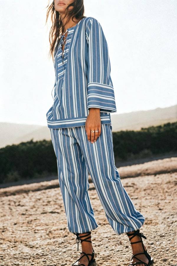 Althea Striped Print Lace-up Neck Long Sleeve Top and Elastic Waist Pocket Lantern Pants Set