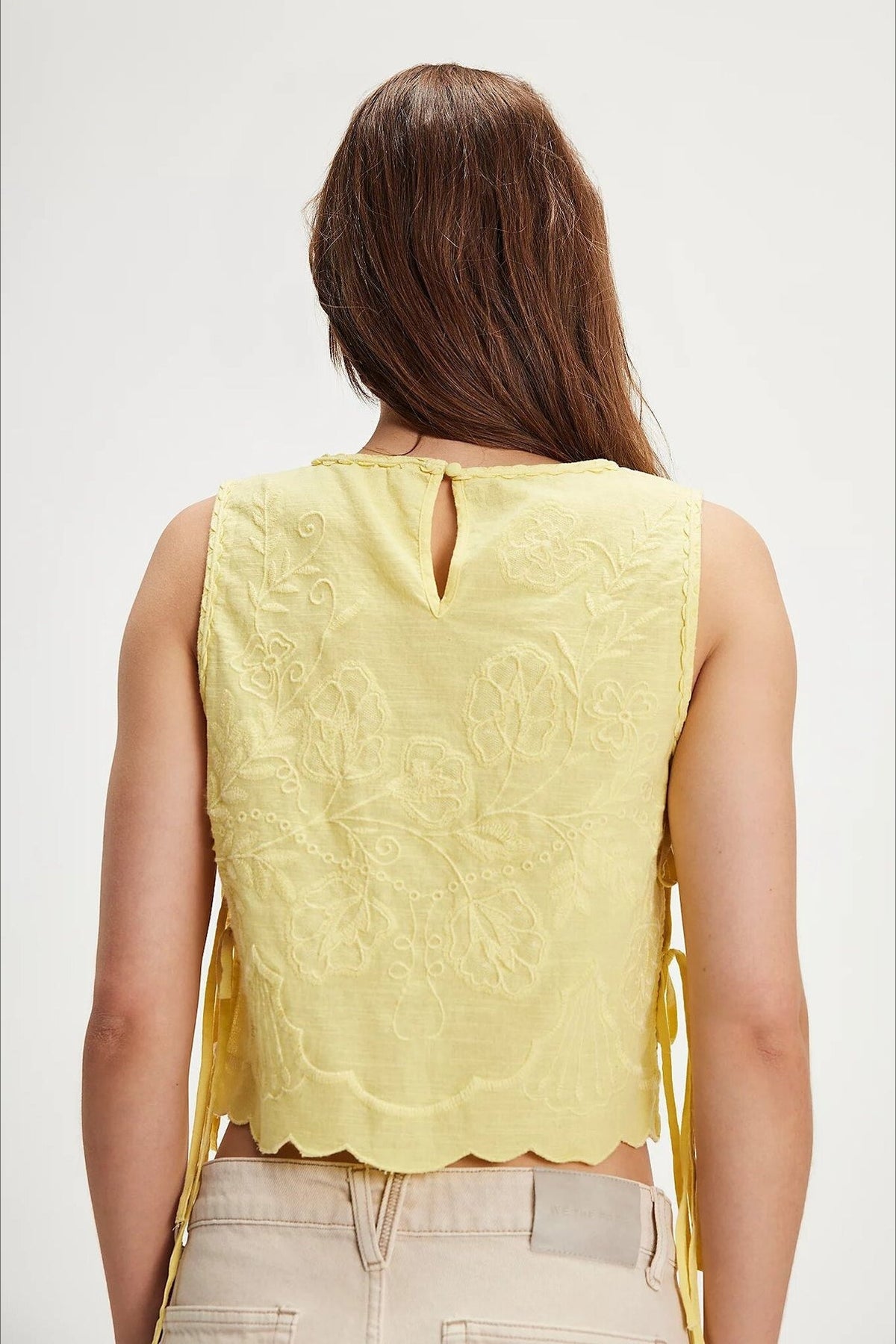 Solid Crew Neck Embroidered Crop Tank Top