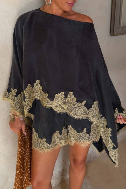 Eye-catching Suede Contrast Lace Trim Draped Shawl and Elastic Waist Pocket Shorts Set