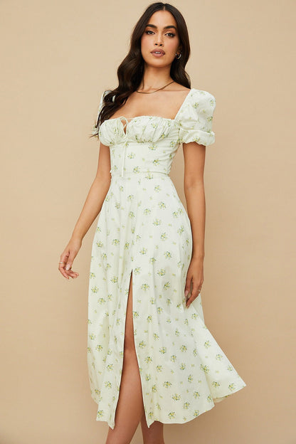 Floral Square Neck Puff Sleeve Ruched Tie Bust High Split Midi Dress