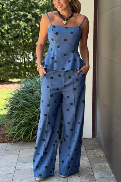 Jolene linen blend Polka Dot Print Flare Hem Slip Top and Pocket Wide Leg Pants Set