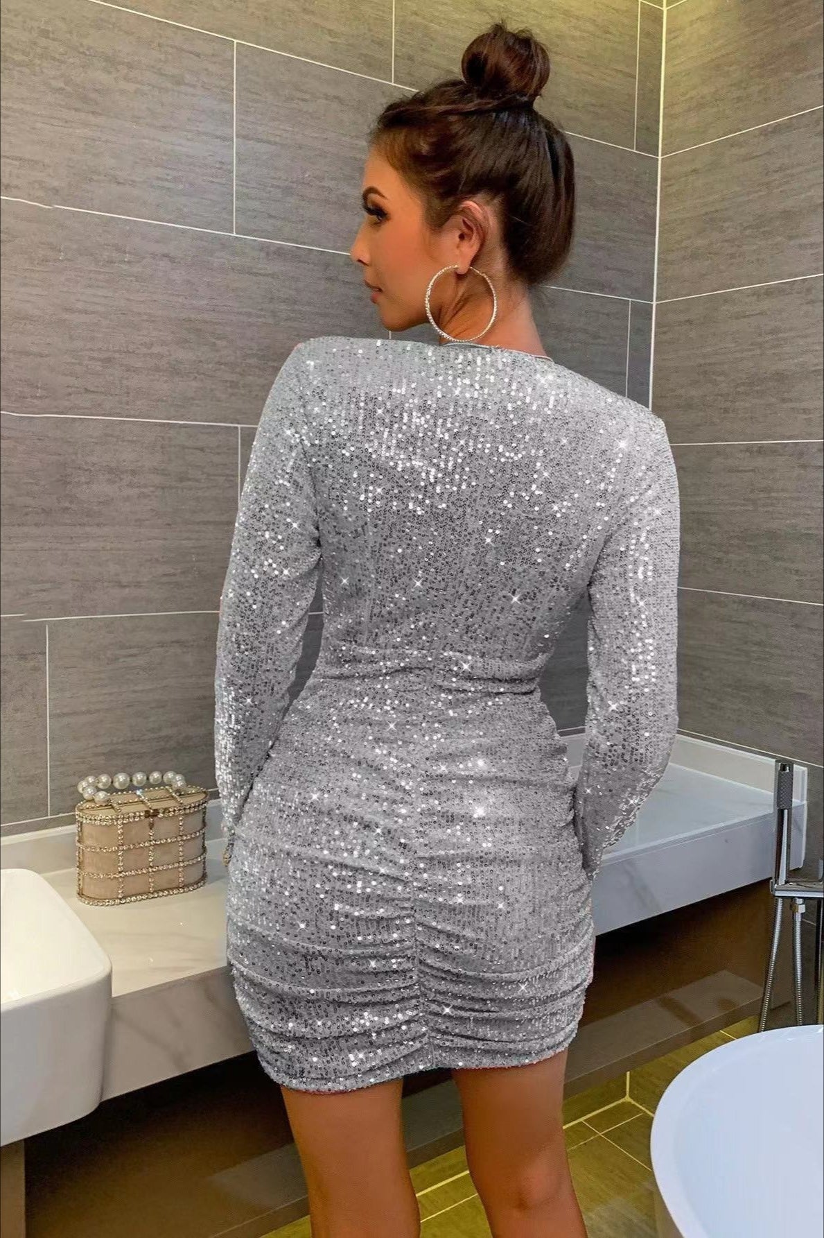 Long Sleeve V-Neck Ruched Sequin Sequin Dress